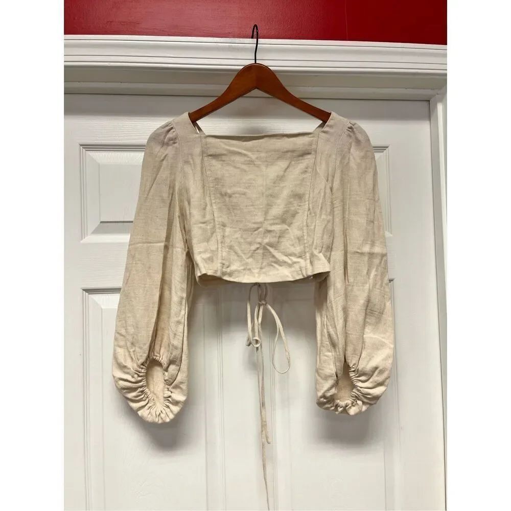 Zara Beige Natural Texture Open Corset Back Long Bubble Sleeve Blouse Top sz M E